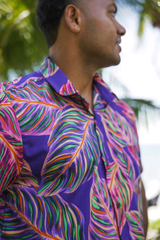 Purple Leafy Print - Short Sleeve Men's Shirt